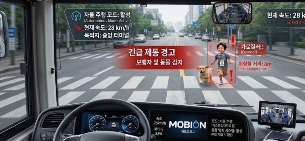 보행자 및 동물 감지 시 긴급 제동 경고 화면